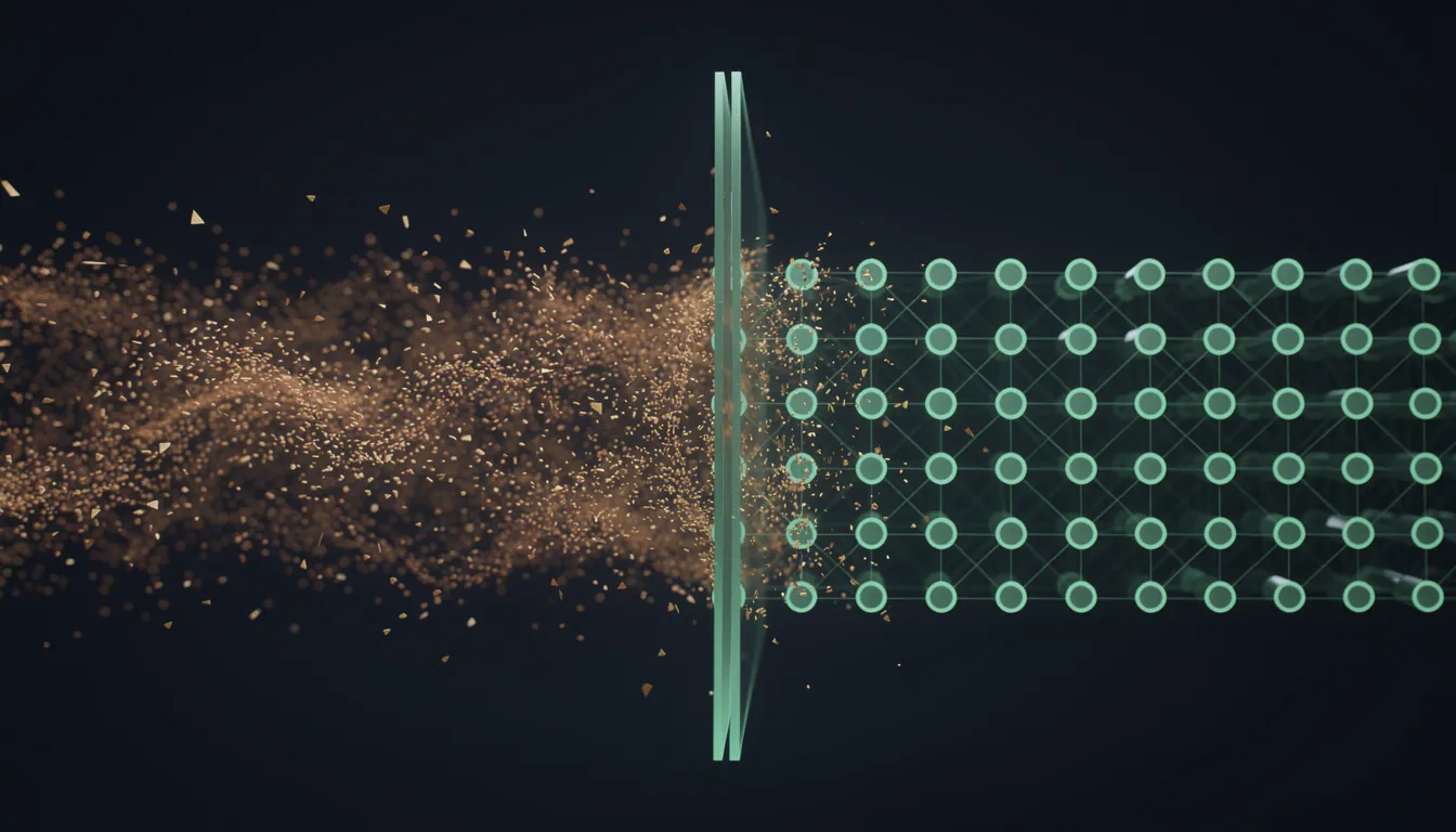 Abstract illustration: raw amber data fragments pass through a glass filter and emerge as an orderly grid of clean emerald nodes