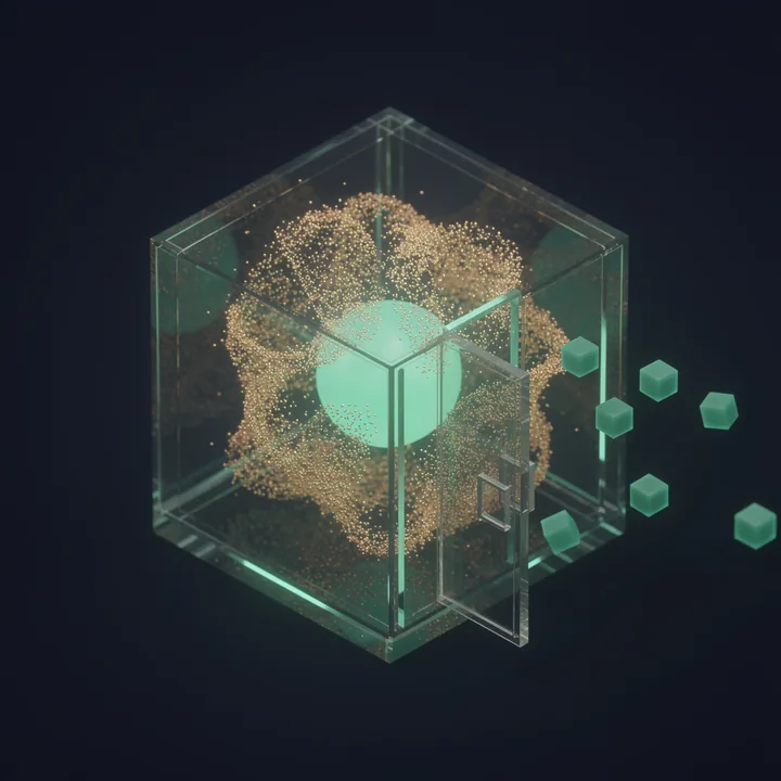 Abstract illustration: a glass vault holding amber data, with a few emerald cubes leaving through an open door